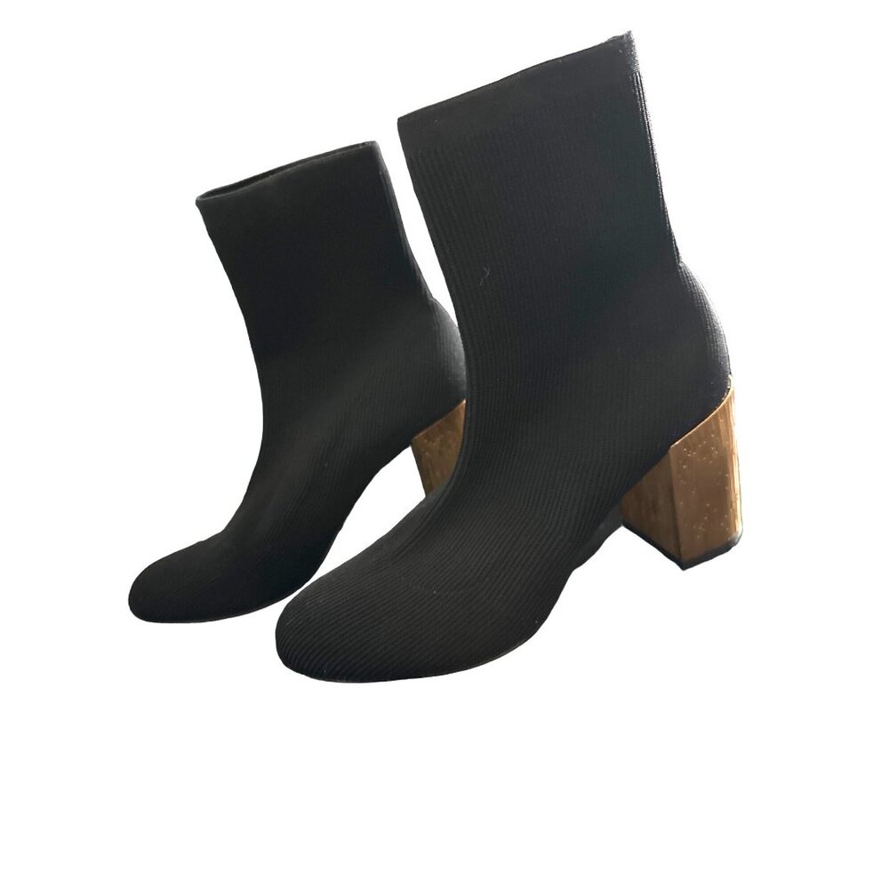 WHBM Black Sock Booties Pull On Gold Textured 3.25" Block Heel Ankle Size 9